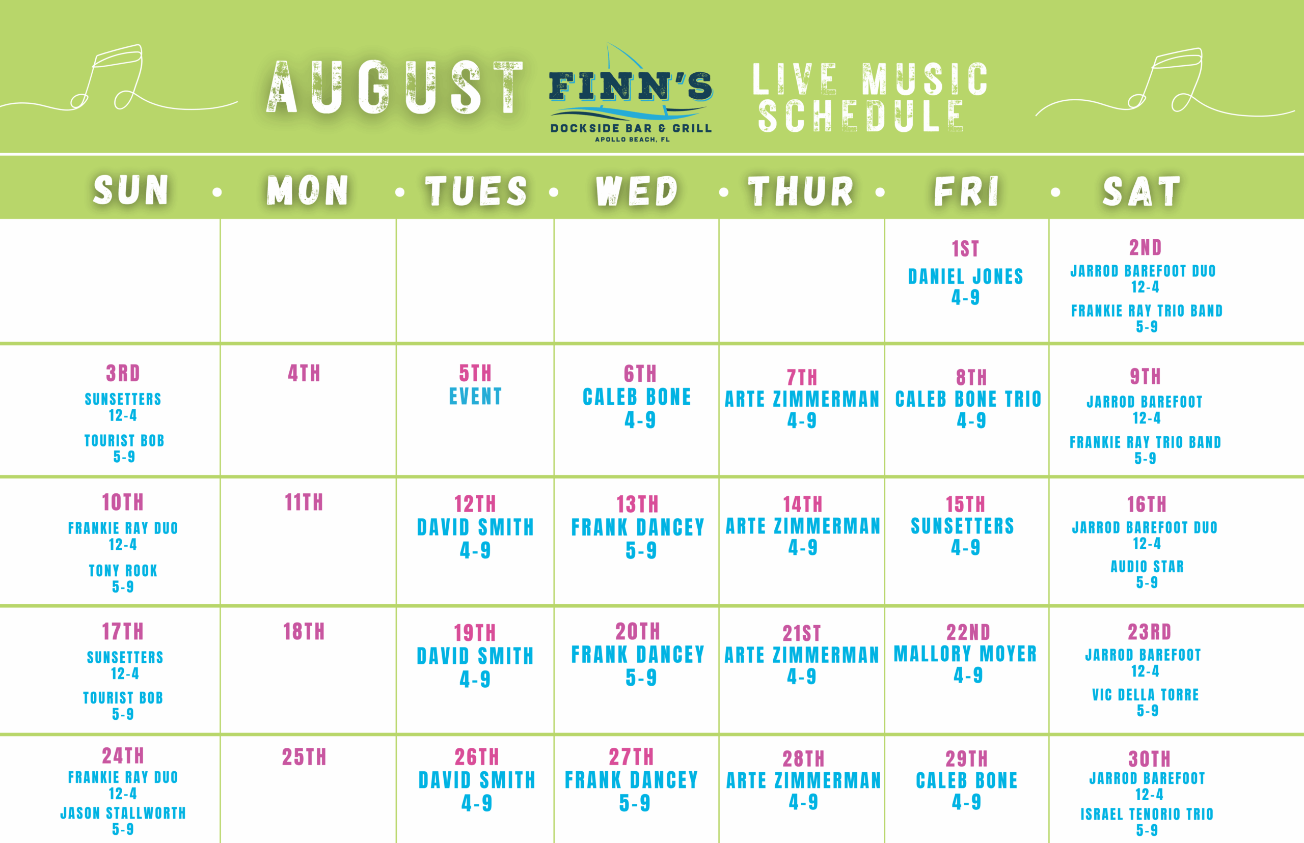 Finn's live band schedule
