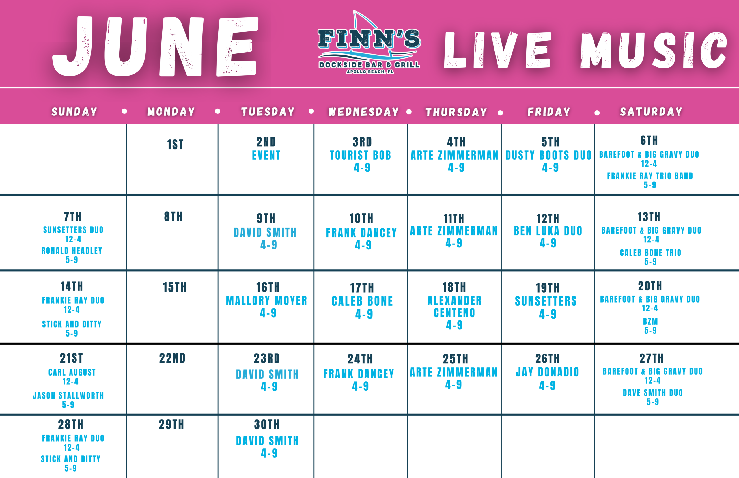 Finn's live band schedule 
